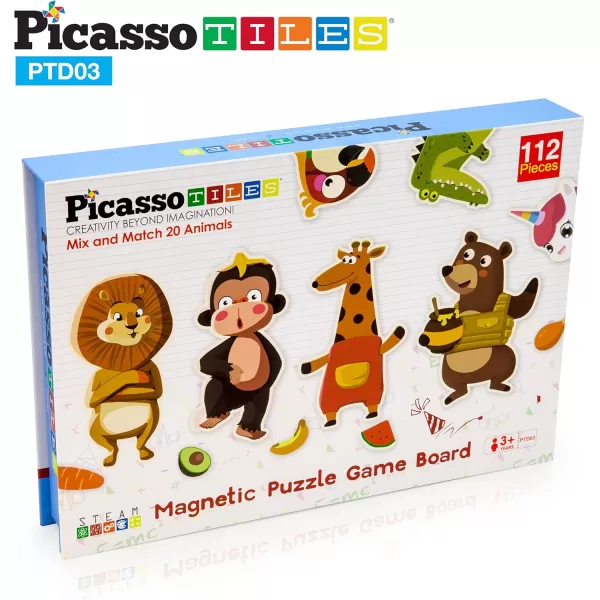 PicassoTiles 112 Piece Magnetic Mix ampamp Match Animal Building Activity DIY Combination Puzzle Book Kid Toy Set Educational Playset STEM Learning 20 FREE Unique Animals Creative Inspirational Idea Cards