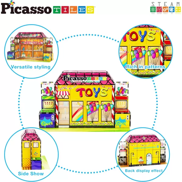 PicassoTiles 60pc Magnetic Building Block Magnet Tile Toy Shop Theme Pretend Play Construction Kit Reconfigurable Printed Structure DoubleSided Printing Education STEM Learning Playset Ages 3 PTQ50