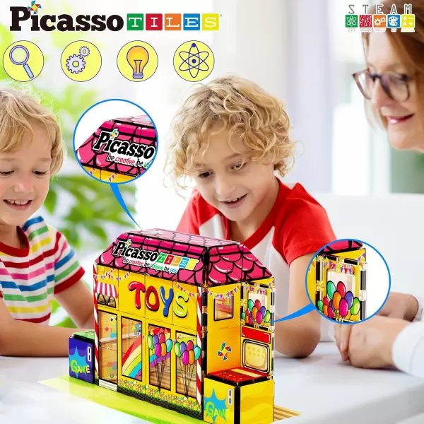 PicassoTiles 60pc Magnetic Building Block Magnet Tile Toy Shop Theme Pretend Play Construction Kit Reconfigurable Printed Structure DoubleSided Printing Education STEM Learning Playset Ages 3 PTQ50
