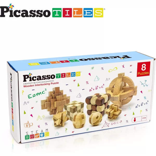 PicassoTiles 8 Styles Interlocking Sensory Toys Wooden Burr Cube Ball and Barrels Logic Skill Genius Puzzle Brain Teaser Games ampamp Intellectual 3D Assembling Educational Toy Set for Kids ampamp Adults PTP08Wood 8styles