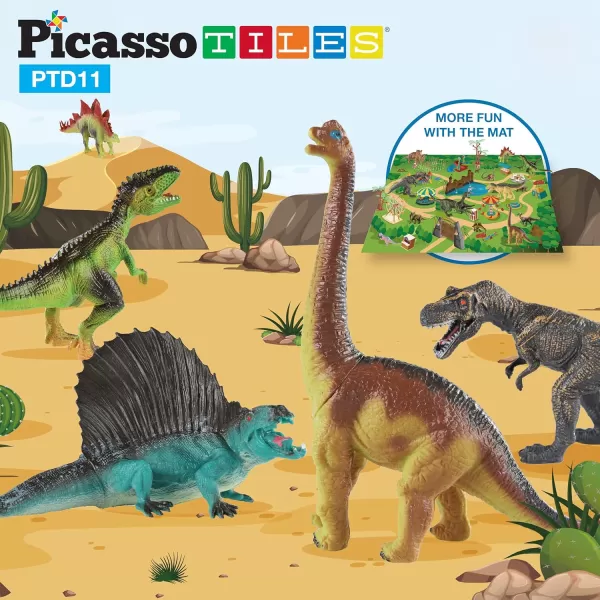 PicassoTiles Dinosaur Play Mat Toys 32pc Dino Playset STEM Activity Learning Kit STEAM Toy with Educational Book 21 Action Figures TRex Triceratops Velociraptor Trees Rocks for Kids 3 PTD11