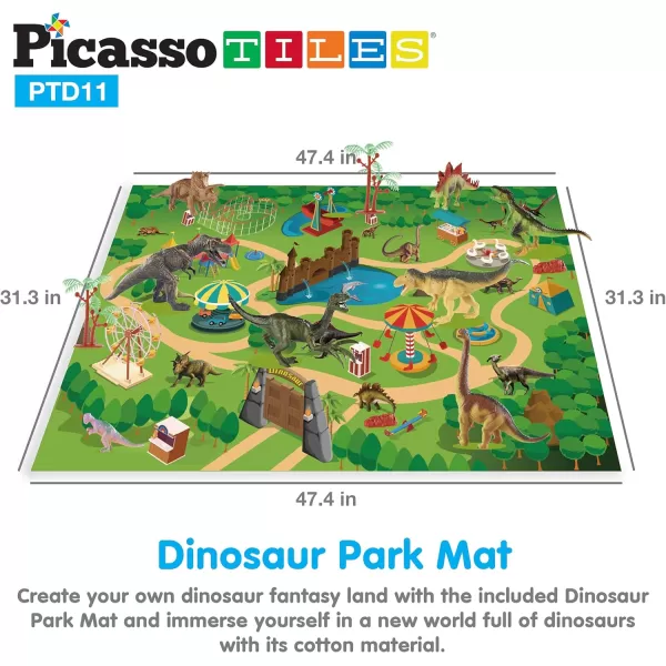 PicassoTiles Dinosaur Play Mat Toys 32pc Dino Playset STEM Activity Learning Kit STEAM Toy with Educational Book 21 Action Figures TRex Triceratops Velociraptor Trees Rocks for Kids 3 PTD11