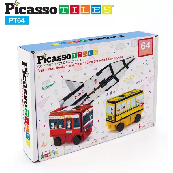 PicassoTiles Magnet Building Blocks STEM Learning Construction Toy Set Early Education Kit 3in1 Rocket School Bus Train Theme StickOn Puzzle Pretend Play Magnetic Tiles Kids Building Block Toys