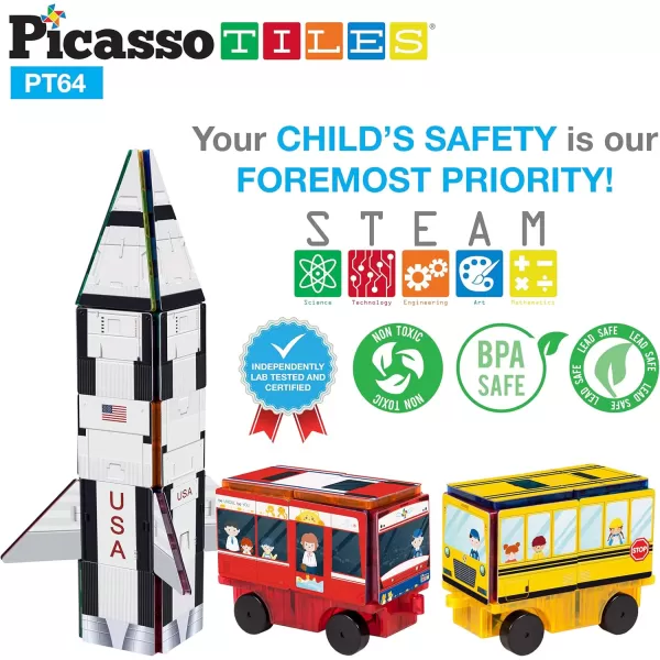 PicassoTiles Magnet Building Blocks STEM Learning Construction Toy Set Early Education Kit 3in1 Rocket School Bus Train Theme StickOn Puzzle Pretend Play Magnetic Tiles Kids Building Block Toys