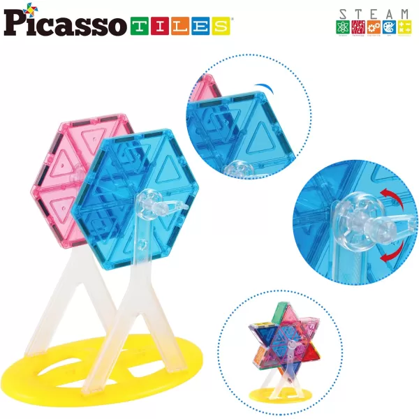PicassoTiles Magnet Tile Building Blocks Ferris Wheel Amusement Rotating Accessory Kit Compatible with Full Sized Magnetic Tiles Construction Toy Set Education STEM Learning 3D Toddler Kid Age 3 PT09
