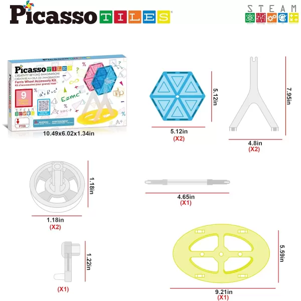 PicassoTiles Magnet Tile Building Blocks Ferris Wheel Amusement Rotating Accessory Kit Compatible with Full Sized Magnetic Tiles Construction Toy Set Education STEM Learning 3D Toddler Kid Age 3 PT09