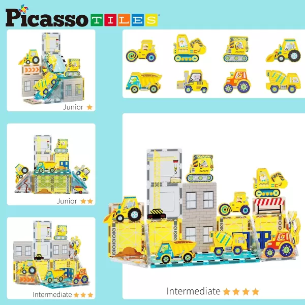 PicassoTiles Magnet Tiles Building Block 2in1 Excavator ampamp Backhoe Brick Compatible Construction Playset with Car Base Magnetic Character Action Figure STEM Educational Learning Toy Kit Age 3 PTU04Construction