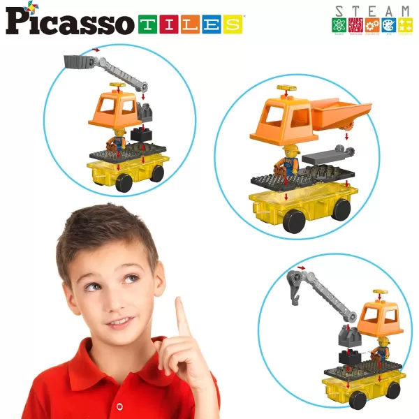 PicassoTiles Magnet Tiles Building Block 2in1 Excavator ampamp Backhoe Brick Compatible Construction Playset with Car Base Magnetic Character Action Figure STEM Educational Learning Toy Kit Age 3 PTU04Crane  Dump Truck  and Ladder
