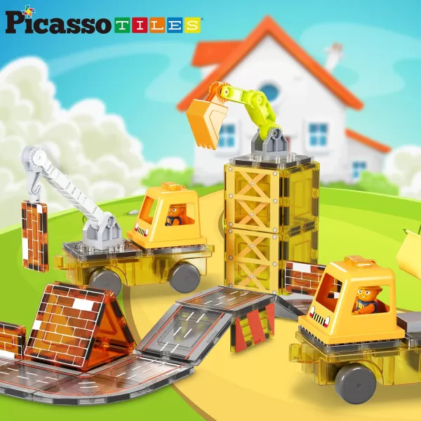 PicassoTiles Magnet Tiles Building Block 2in1 Excavator ampamp Backhoe Brick Compatible Construction Playset with Car Base Magnetic Character Action Figure STEM Educational Learning Toy Kit Age 3 PTU045in1