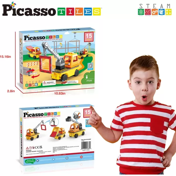 PicassoTiles Magnet Tiles Building Block 2in1 Excavator ampamp Backhoe Brick Compatible Construction Playset with Car Base Magnetic Character Action Figure STEM Educational Learning Toy Kit Age 3 PTU04Crane  Dump Truck  and Ladder
