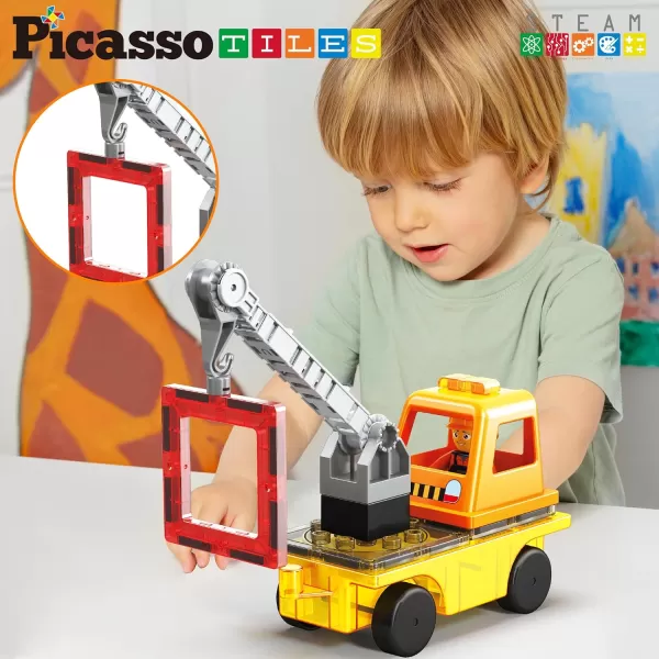 PicassoTiles Magnet Tiles Building Block 2in1 Excavator ampamp Backhoe Brick Compatible Construction Playset with Car Base Magnetic Character Action Figure STEM Educational Learning Toy Kit Age 3 PTU04Crane  Dump Truck  and Ladder