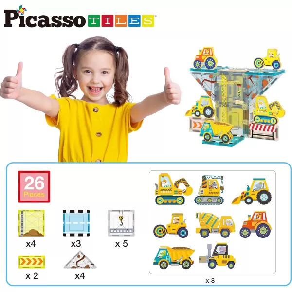 PicassoTiles Magnet Tiles Building Block 2in1 Excavator ampamp Backhoe Brick Compatible Construction Playset with Car Base Magnetic Character Action Figure STEM Educational Learning Toy Kit Age 3 PTU04Construction
