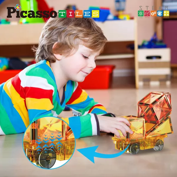 PicassoTiles Magnet Tiles Building Block 2in1 Excavator ampamp Backhoe Brick Compatible Construction Playset with Car Base Magnetic Character Action Figure STEM Educational Learning Toy Kit Age 3 PTU04Light And Motor