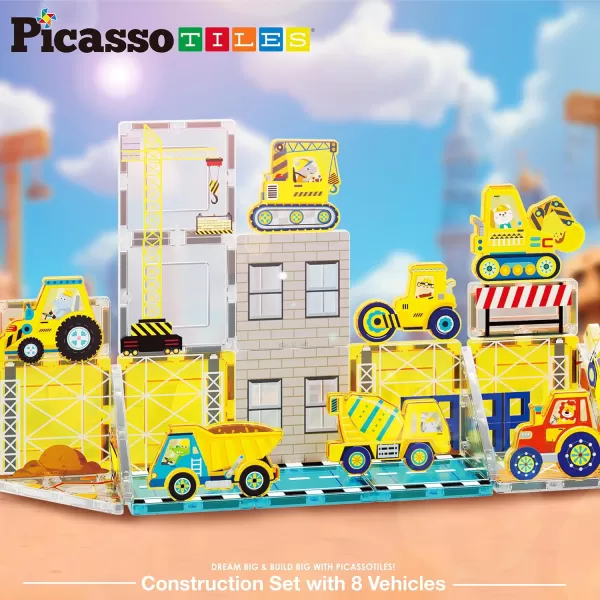 PicassoTiles Magnet Tiles Building Block 2in1 Excavator ampamp Backhoe Brick Compatible Construction Playset with Car Base Magnetic Character Action Figure STEM Educational Learning Toy Kit Age 3 PTU04Construction