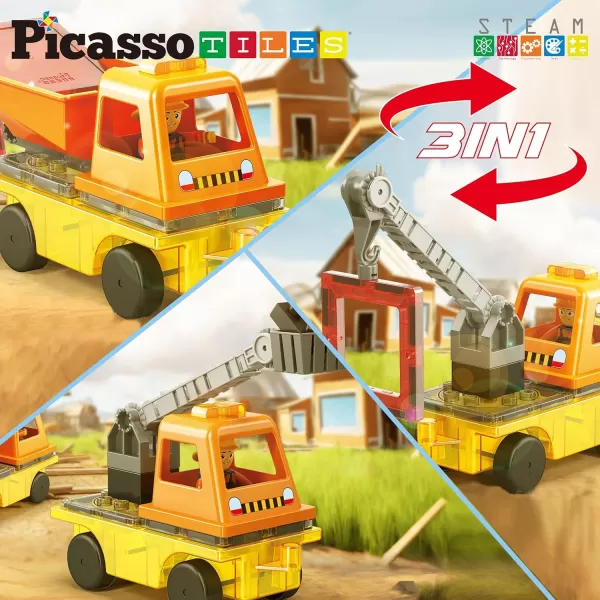 PicassoTiles Magnet Tiles Building Block 2in1 Excavator ampamp Backhoe Brick Compatible Construction Playset with Car Base Magnetic Character Action Figure STEM Educational Learning Toy Kit Age 3 PTU04Crane  Dump Truck  and Ladder