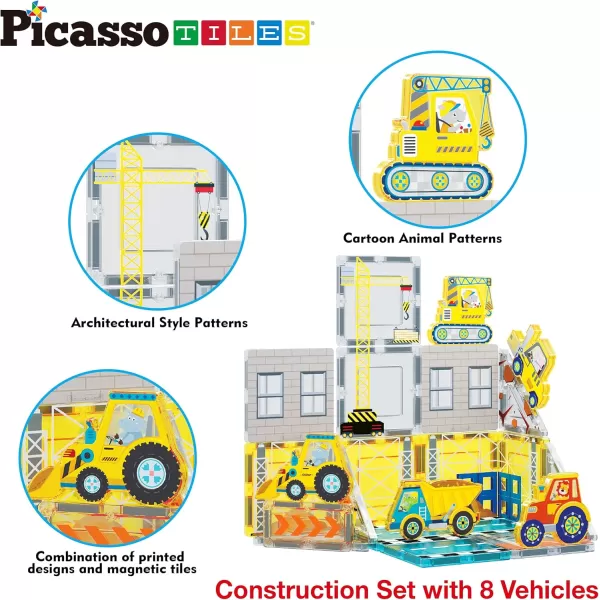 PicassoTiles Magnet Tiles Building Block 2in1 Excavator ampamp Backhoe Brick Compatible Construction Playset with Car Base Magnetic Character Action Figure STEM Educational Learning Toy Kit Age 3 PTU04Construction