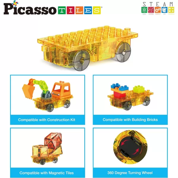 PicassoTiles Magnet Tiles Building Block 2in1 Excavator ampamp Backhoe Brick Compatible Construction Playset with Car Base Magnetic Character Action Figure STEM Educational Learning Toy Kit Age 3 PTU04Light And Motor