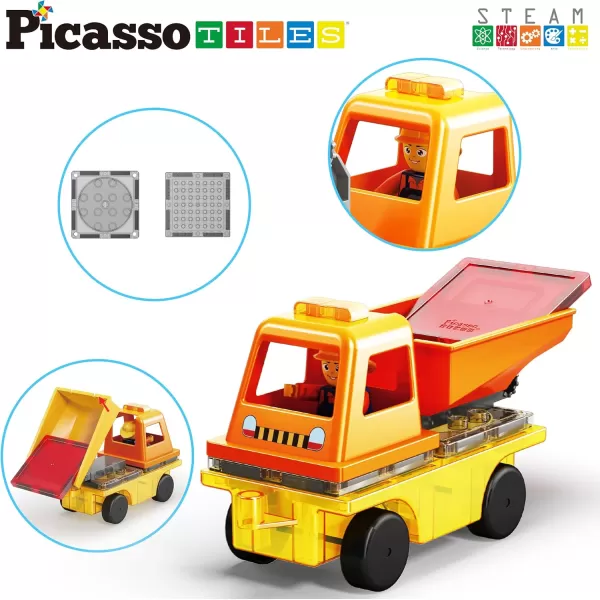 PicassoTiles Magnet Tiles Building Block 2in1 Excavator ampamp Backhoe Brick Compatible Construction Playset with Car Base Magnetic Character Action Figure STEM Educational Learning Toy Kit Age 3 PTU04Crane  Dump Truck  and Ladder