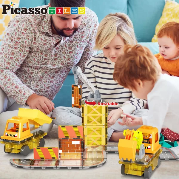PicassoTiles Magnet Tiles Building Block 2in1 Excavator ampamp Backhoe Brick Compatible Construction Playset with Car Base Magnetic Character Action Figure STEM Educational Learning Toy Kit Age 3 PTU045in1