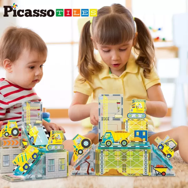 PicassoTiles Magnet Tiles Building Block 2in1 Excavator ampamp Backhoe Brick Compatible Construction Playset with Car Base Magnetic Character Action Figure STEM Educational Learning Toy Kit Age 3 PTU04Construction
