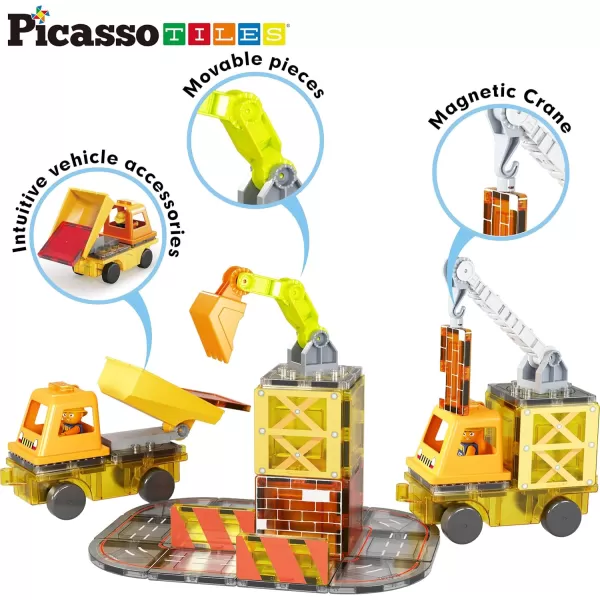 PicassoTiles Magnet Tiles Building Block 2in1 Excavator ampamp Backhoe Brick Compatible Construction Playset with Car Base Magnetic Character Action Figure STEM Educational Learning Toy Kit Age 3 PTU045in1