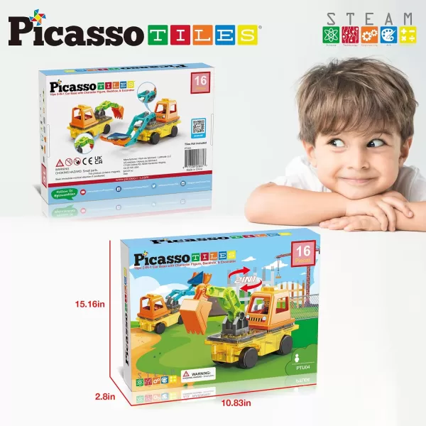 PicassoTiles Magnet Tiles Building Block 2in1 Excavator ampamp Backhoe Brick Compatible Construction Playset with Car Base Magnetic Character Action Figure STEM Educational Learning Toy Kit Age 3 PTU04Excavator  Backhoe Brick