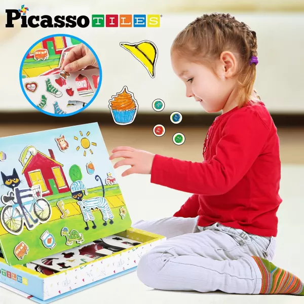 PicassoTiles Pete The Cat Board Game Puzzle Activity Play Book Magnet Mix and Match Cartoon Toy Playset with Storage Reusable Magnetic Figures Storytelling STEM Education Learning Kids Ages 3 PTC02