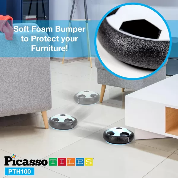 PicassoTiles Soccer Hoverball Air Hockey Electric Power Airlifted Hover Ball Indoor Floating Airflow Hovering LED Light and Soft Bumper Battery Powered Training and Playing Age 3 and up PTH100