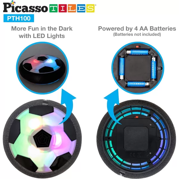 PicassoTiles Soccer Hoverball Air Hockey Electric Power Airlifted Hover Ball Indoor Floating Airflow Hovering LED Light and Soft Bumper Battery Powered Training and Playing Age 3 and up PTH100