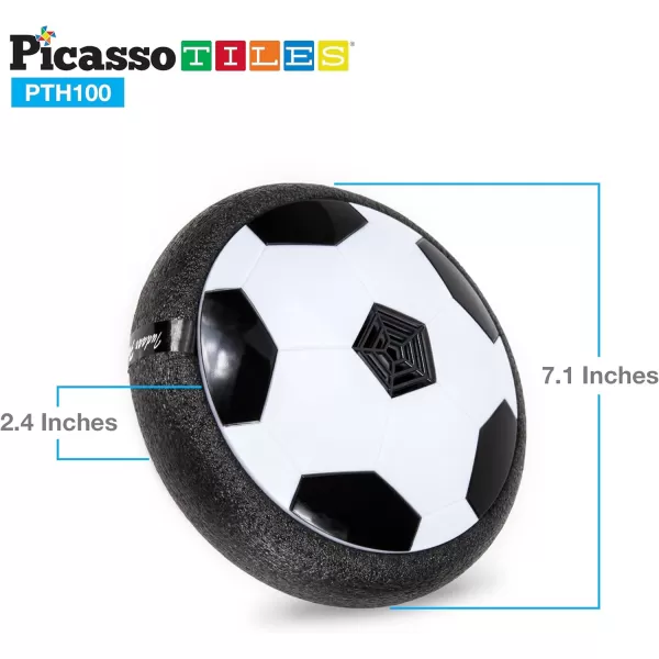 PicassoTiles Soccer Hoverball Air Hockey Electric Power Airlifted Hover Ball Indoor Floating Airflow Hovering LED Light and Soft Bumper Battery Powered Training and Playing Age 3 and up PTH100