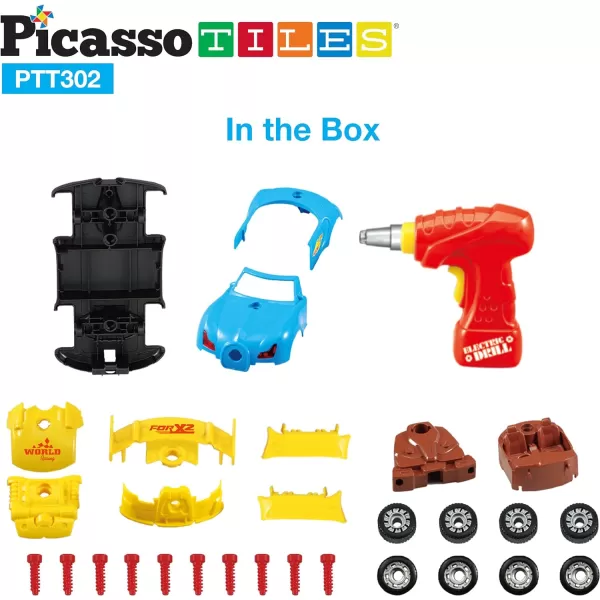 PicassoTiles TakeAPart Race Car Set with LED Engine Sound Mini Electric Power Tool Reversible Drill Screws Included PTT302 2in1 DIY Construction Build Your Own 30pc Racing Car STEAM Kit