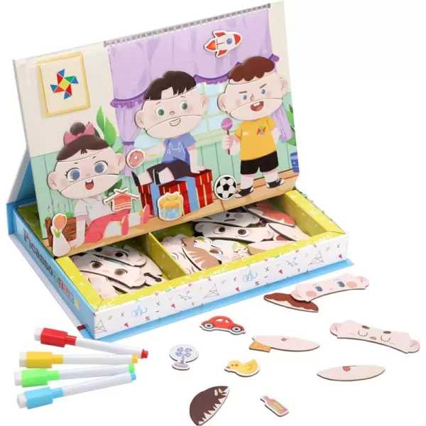 PicassoTiles 108pcs Reusable Magnetic Face Sticker Puzzle Book Drawing Board Set for KidsEducational and Learning Activity Books Toys ampamp Activity STEM Learning Toys Early Education ToysGifts Boys