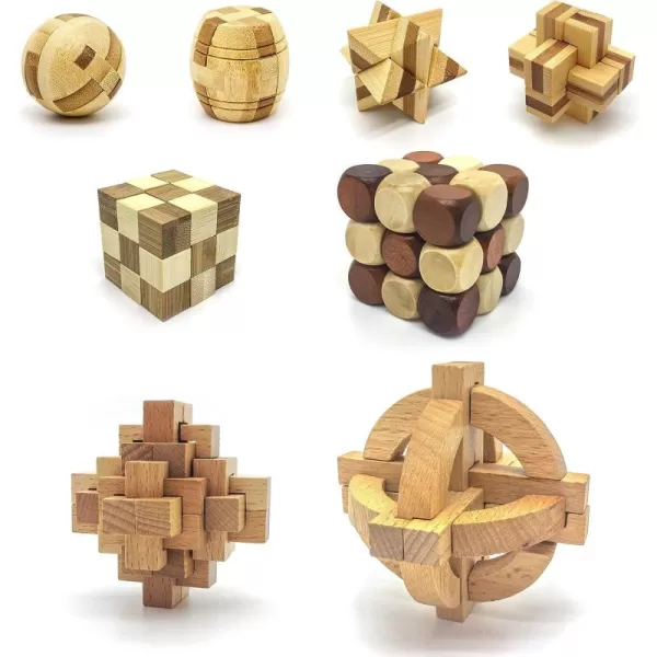 PicassoTiles 8 Styles Interlocking Sensory Toys Wooden Burr Cube Ball and Barrels Logic Skill Genius Puzzle Brain Teaser Games ampamp Intellectual 3D Assembling Educational Toy Set for Kids ampamp Adults PTP08Wood 8styles