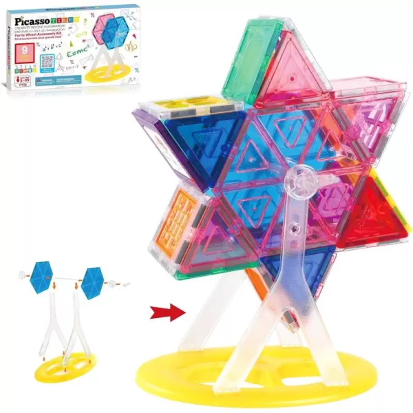 PicassoTiles Magnet Tile Building Blocks Ferris Wheel Amusement Rotating Accessory Kit Compatible with Full Sized Magnetic Tiles Construction Toy Set Education STEM Learning 3D Toddler Kid Age 3 PT09