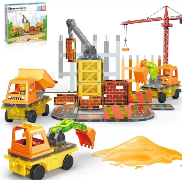 PicassoTiles Magnet Tiles Building Block 2in1 Excavator ampamp Backhoe Brick Compatible Construction Playset with Car Base Magnetic Character Action Figure STEM Educational Learning Toy Kit Age 3 PTU045in1