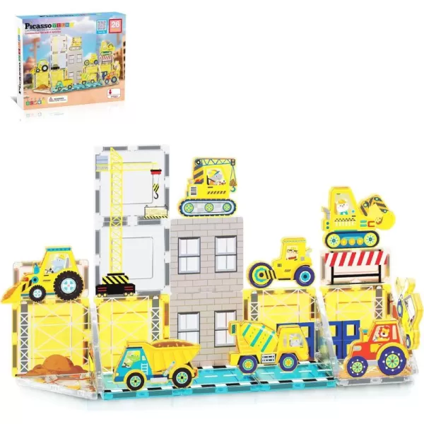 PicassoTiles Magnet Tiles Building Block 2in1 Excavator ampamp Backhoe Brick Compatible Construction Playset with Car Base Magnetic Character Action Figure STEM Educational Learning Toy Kit Age 3 PTU04Construction