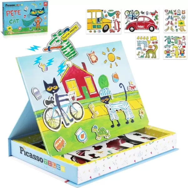 PicassoTiles Pete The Cat Board Game Puzzle Activity Play Book Magnet Mix and Match Cartoon Toy Playset with Storage Reusable Magnetic Figures Storytelling STEM Education Learning Kids Ages 3 PTC02