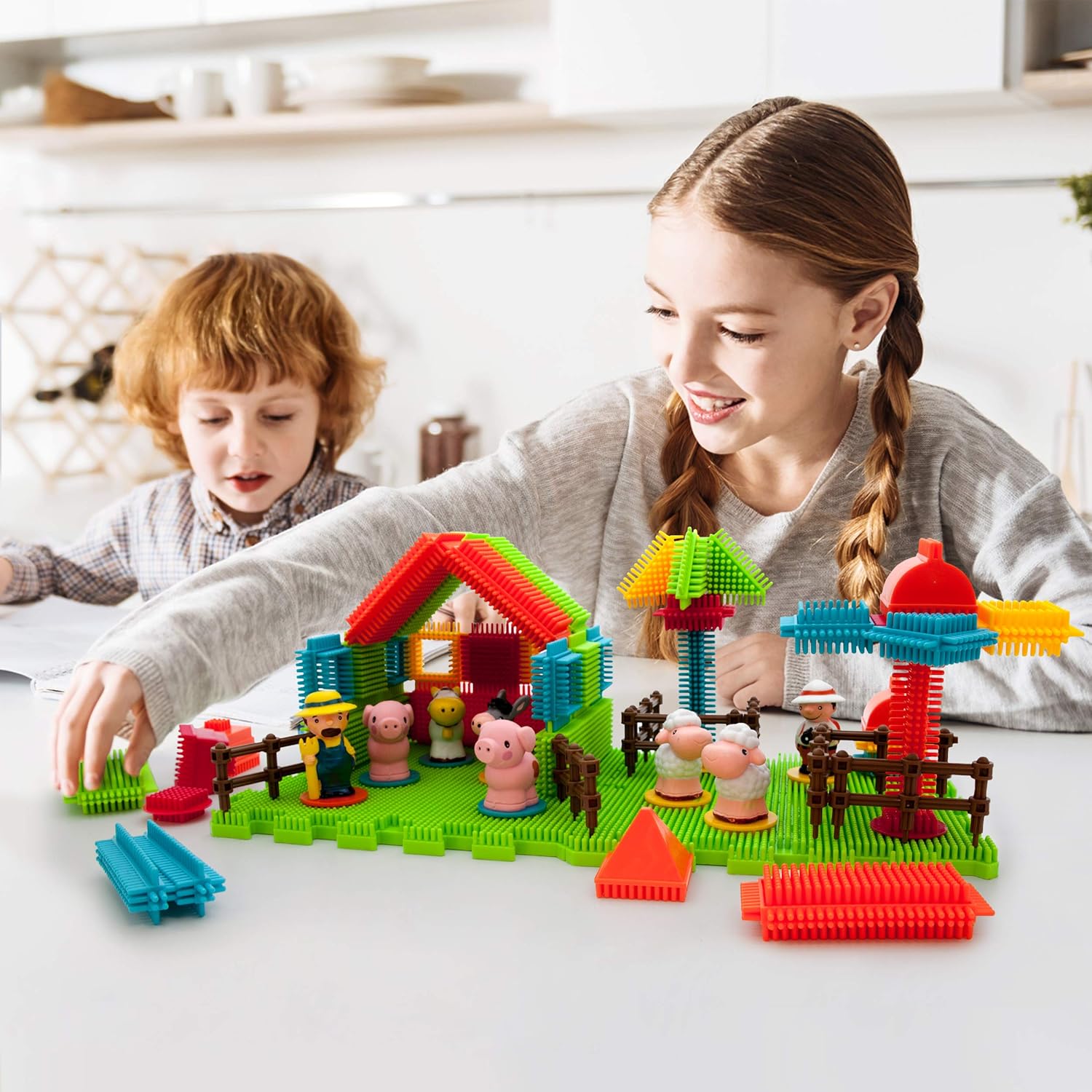 imagePicasso Toys PTB100 100pcs Hedgehog Block 3D Building Blocks Tiles Safari Theme Set Learning Playset STEM Toy Set Educational Kit Child Brain Development Preschool Kindergarten Toy for Age 3 ampamp Up100 pcsFarm