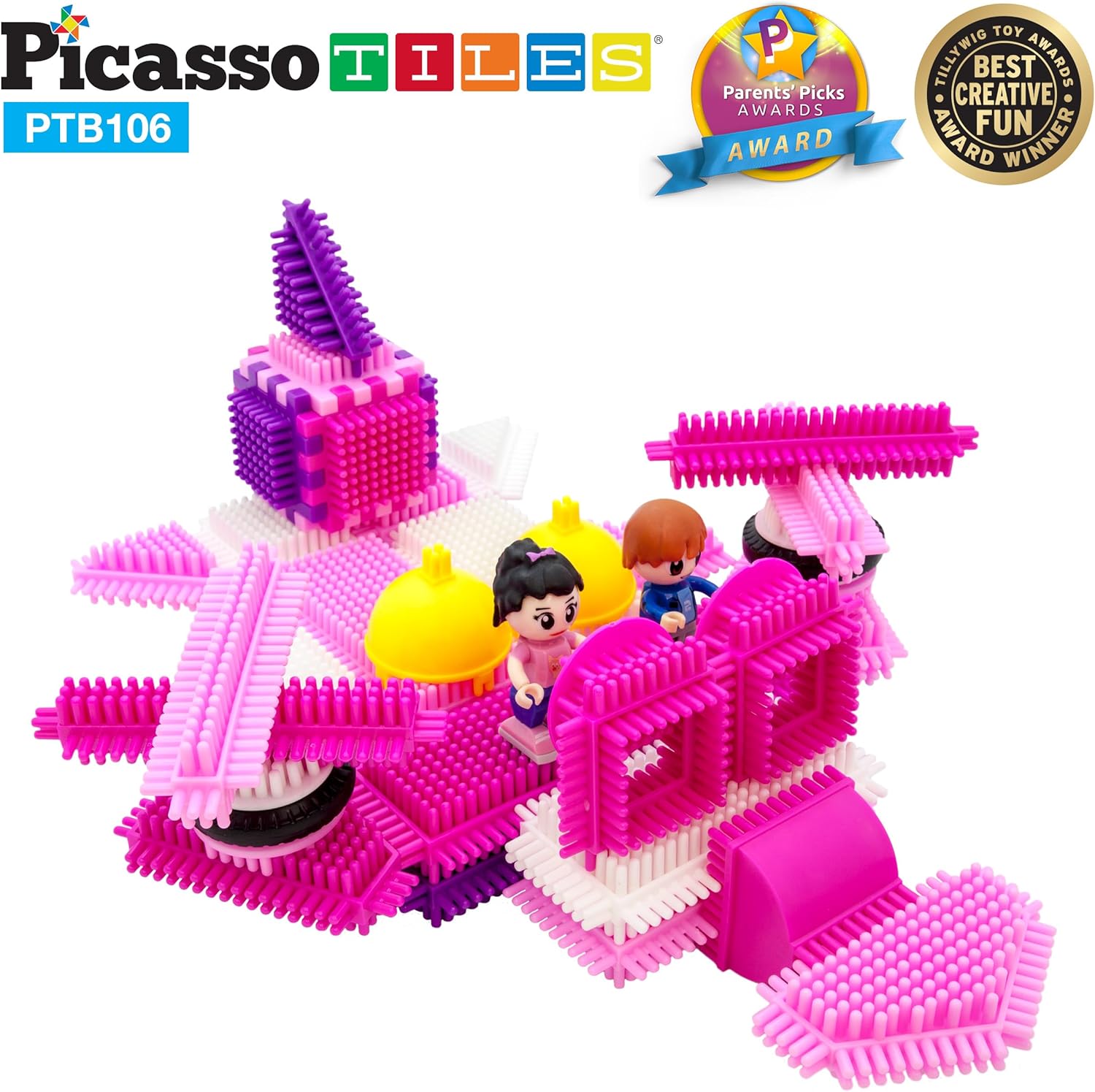 imagePicasso Toys PTB106 106pcs Hedgehog Block Building Blocks Tiles Pink Castle Theme Set wHuman Figures Learning Playset STEM Toy Set Educational Kit Child Brain Development Preschool Kindergarten Toy
