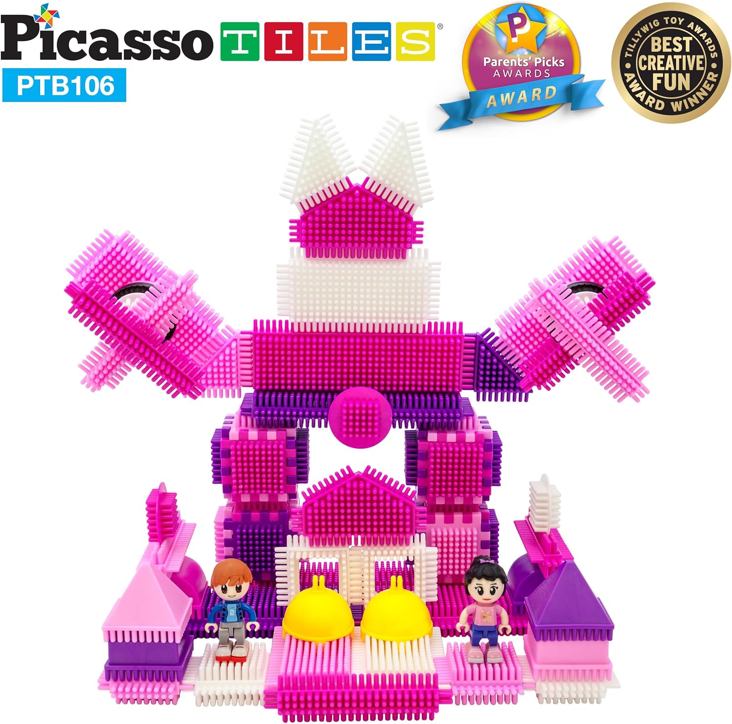 imagePicasso Toys PTB106 106pcs Hedgehog Block Building Blocks Tiles Pink Castle Theme Set wHuman Figures Learning Playset STEM Toy Set Educational Kit Child Brain Development Preschool Kindergarten Toy