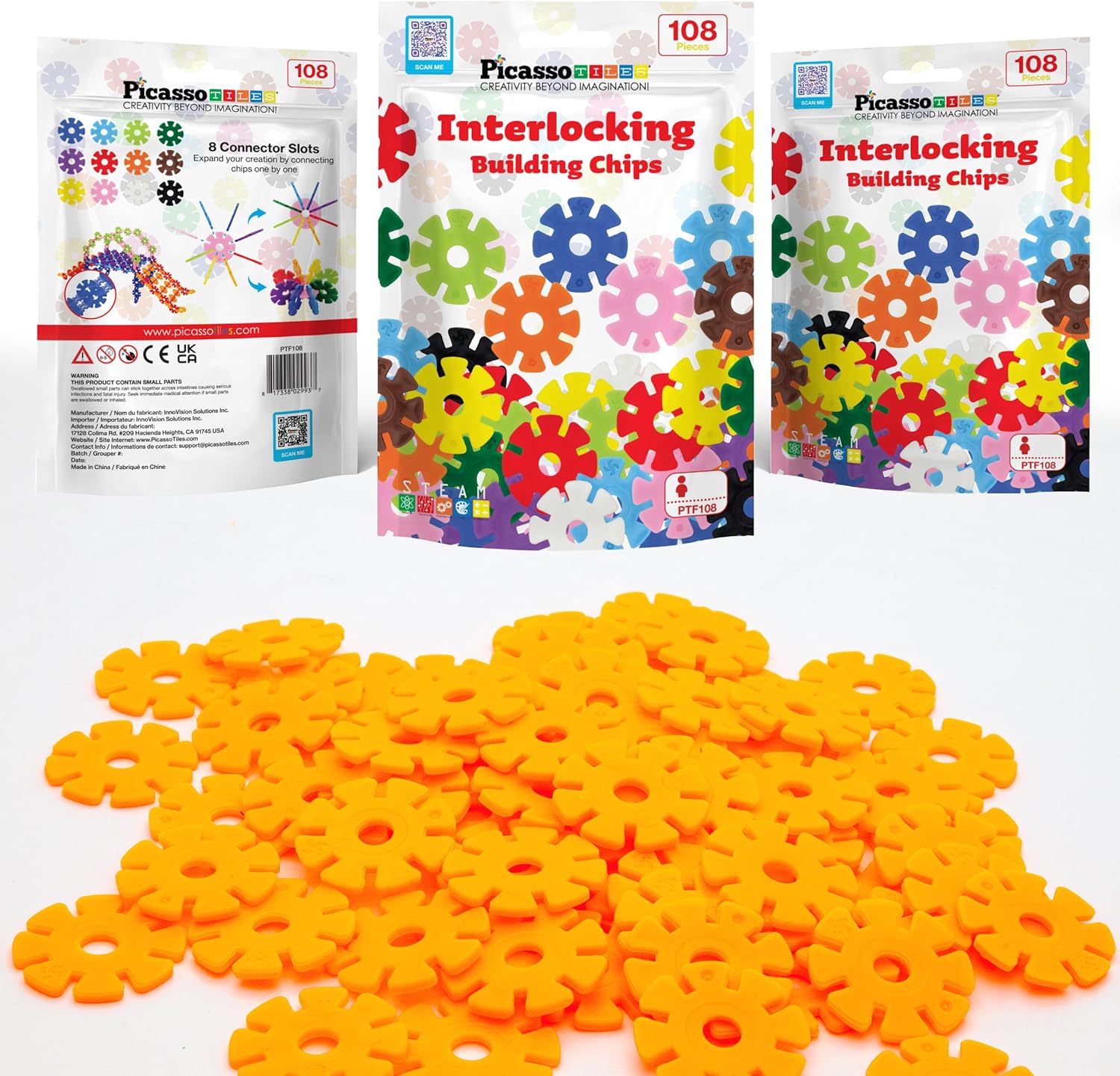 imagePicassoTiles Building Chip Interlocking Disc Construction Blocks in Green Color STEM Learning Early Education Toy Engineering Playset Child Brain Development for Toddlers Girls Boys Kids Age 3 PTF108Orange Color