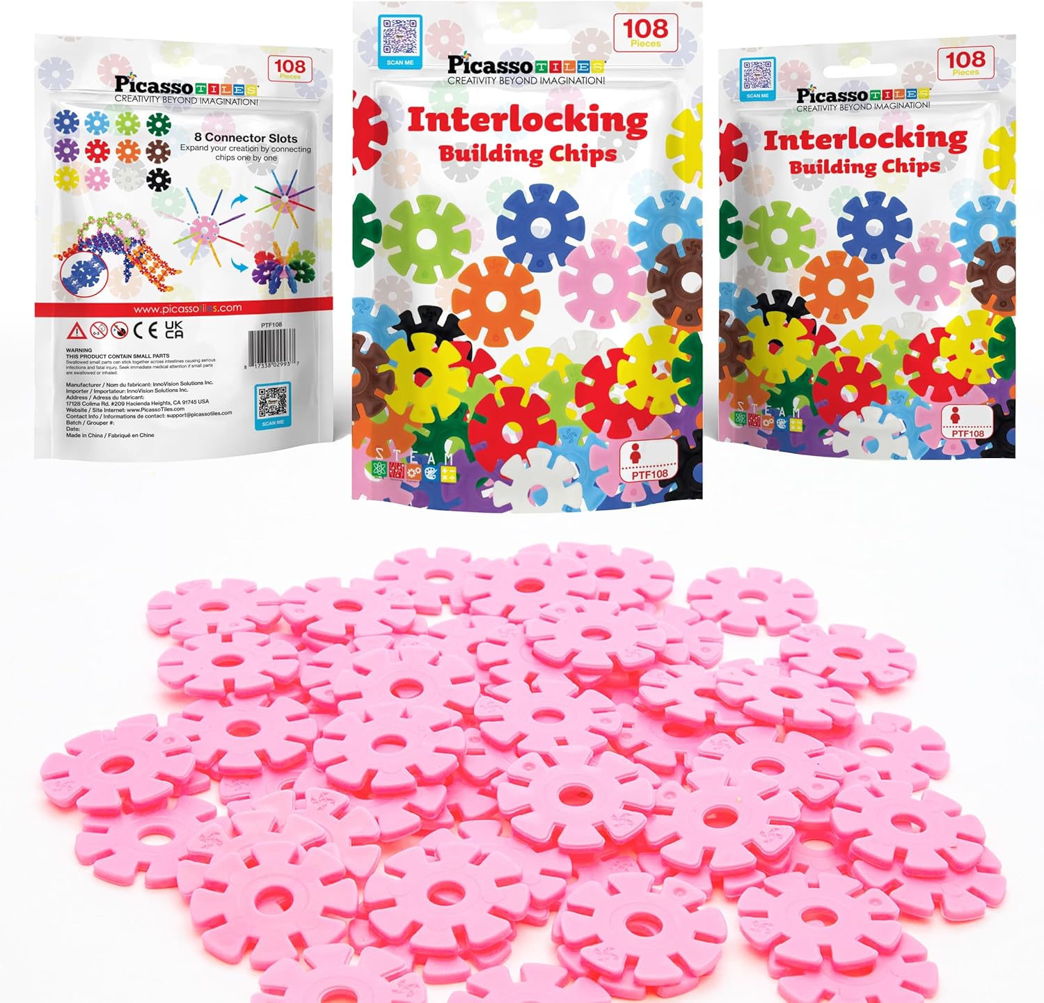 imagePicassoTiles Building Chip Interlocking Disc Construction Blocks in Green Color STEM Learning Early Education Toy Engineering Playset Child Brain Development for Toddlers Girls Boys Kids Age 3 PTF108Pink Color