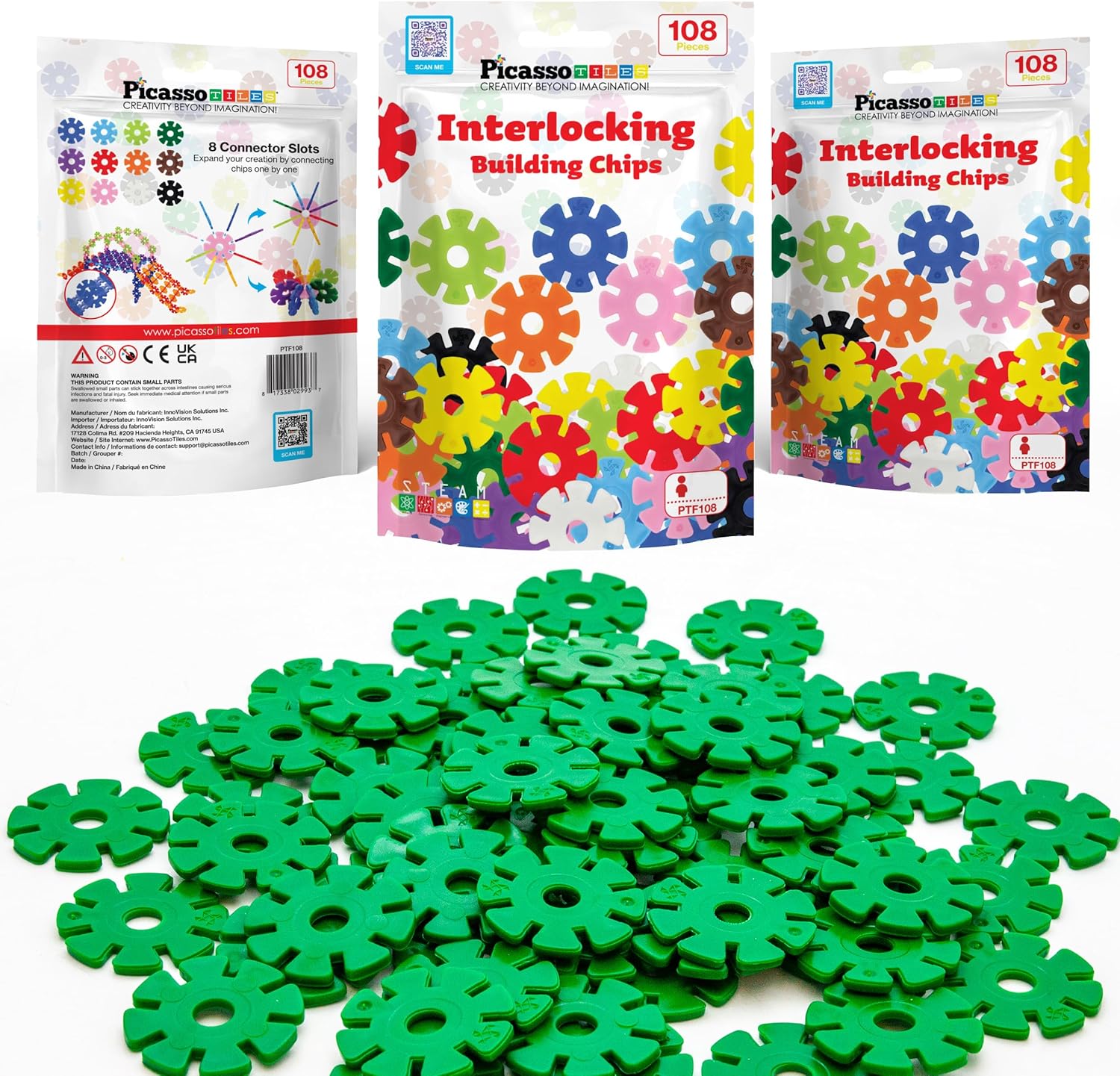 imagePicassoTiles Building Chip Interlocking Disc Construction Blocks in Green Color STEM Learning Early Education Toy Engineering Playset Child Brain Development for Toddlers Girls Boys Kids Age 3 PTF108Green Color