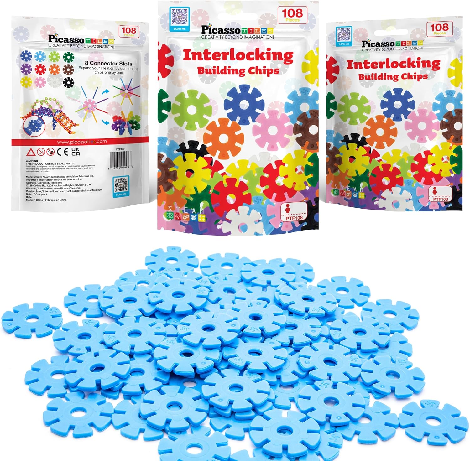 imagePicassoTiles Building Chip Interlocking Disc Construction Blocks in Green Color STEM Learning Early Education Toy Engineering Playset Child Brain Development for Toddlers Girls Boys Kids Age 3 PTF108Light Blue Color