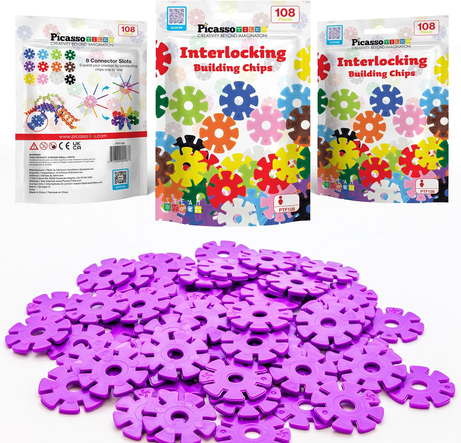 imagePicassoTiles Building Chip Interlocking Disc Construction Blocks in Green Color STEM Learning Early Education Toy Engineering Playset Child Brain Development for Toddlers Girls Boys Kids Age 3 PTF108Purple Color