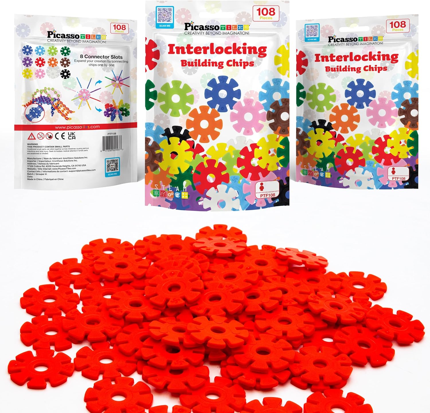 imagePicassoTiles Building Chip Interlocking Disc Construction Blocks in Green Color STEM Learning Early Education Toy Engineering Playset Child Brain Development for Toddlers Girls Boys Kids Age 3 PTF108Red Color