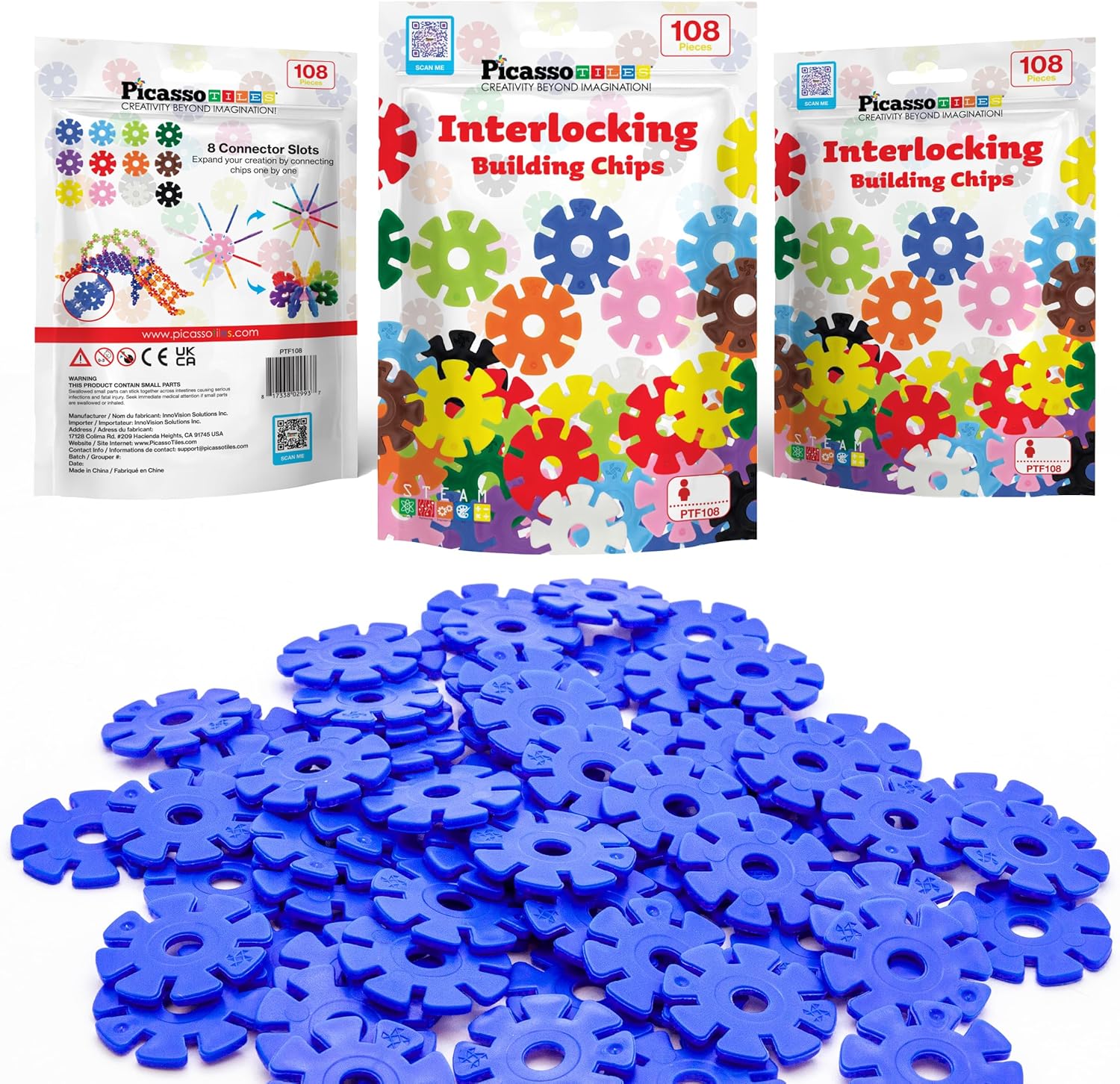 imagePicassoTiles Building Chip Interlocking Disc Construction Blocks in Green Color STEM Learning Early Education Toy Engineering Playset Child Brain Development for Toddlers Girls Boys Kids Age 3 PTF108Blue Color