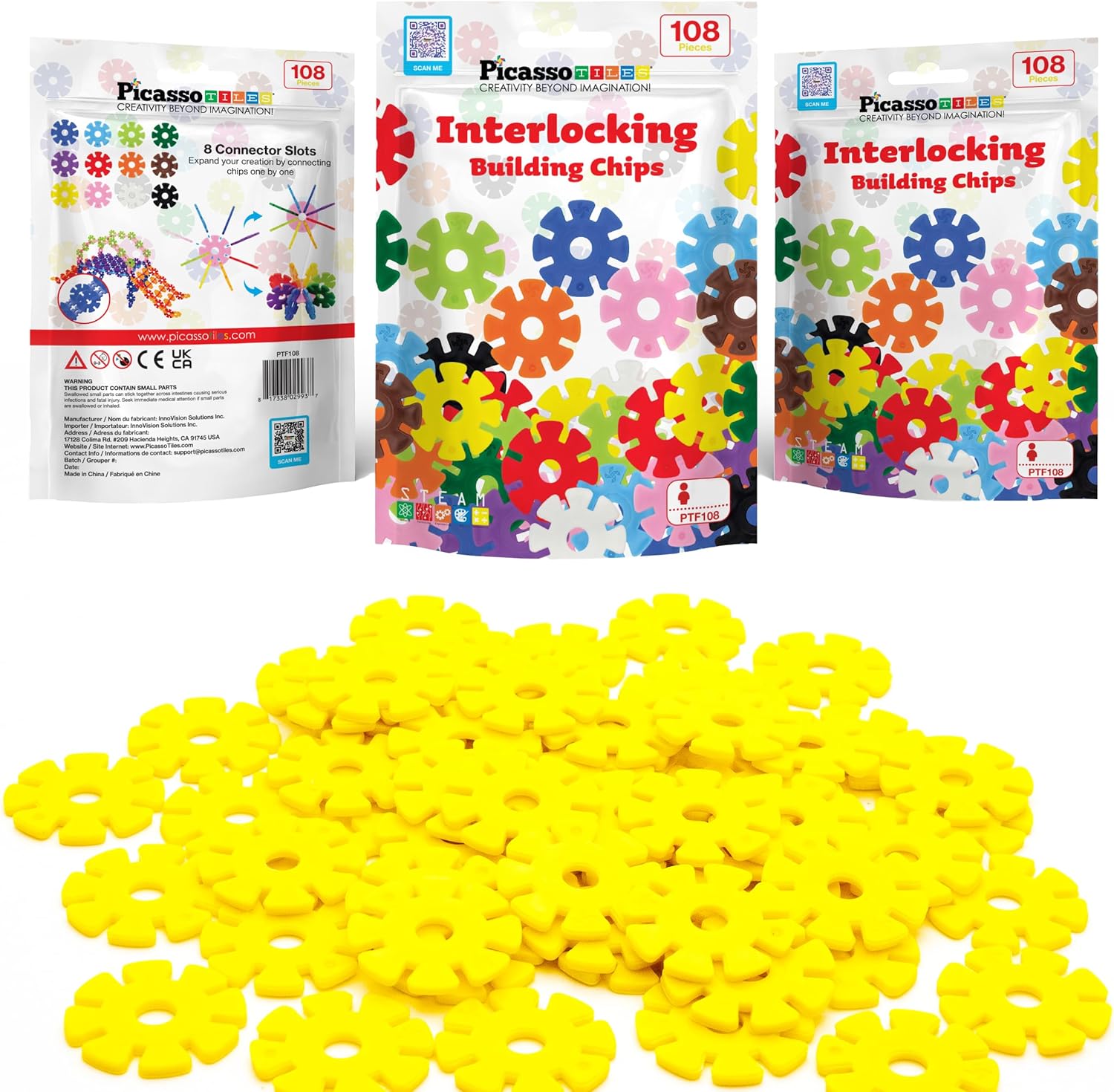 imagePicassoTiles Building Chip Interlocking Disc Construction Blocks in Green Color STEM Learning Early Education Toy Engineering Playset Child Brain Development for Toddlers Girls Boys Kids Age 3 PTF108Yellow Color