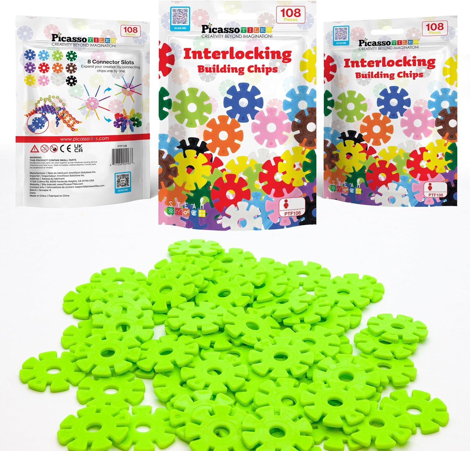 imagePicassoTiles Building Chip Interlocking Disc Construction Blocks in Green Color STEM Learning Early Education Toy Engineering Playset Child Brain Development for Toddlers Girls Boys Kids Age 3 PTF108Light Green Color