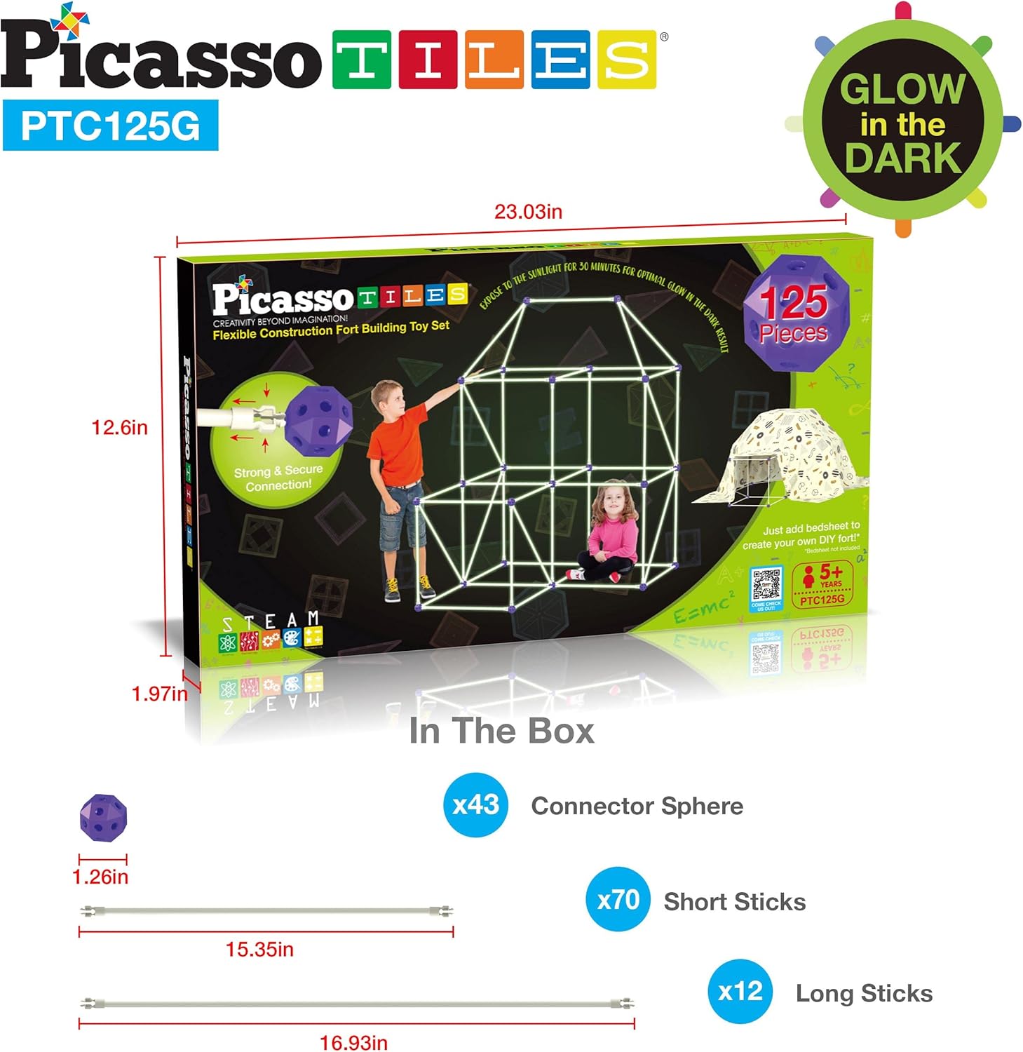 imagePicassoTiles Kids Fort Building Kit Glow In The Dark Playset 125 Piece Indoor Outdoor Toy Set Fort Construction Builders Toys for Boys Girls STEM Learning Castle System Tunnel Tent Rocket Pretend Play